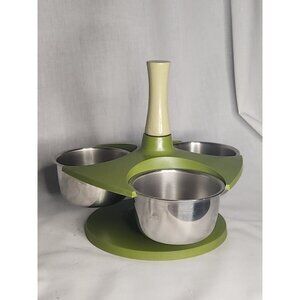 Vintage MCM Foley Avocado Green Condiment Server 3 Stainless Steel Bowls Spins